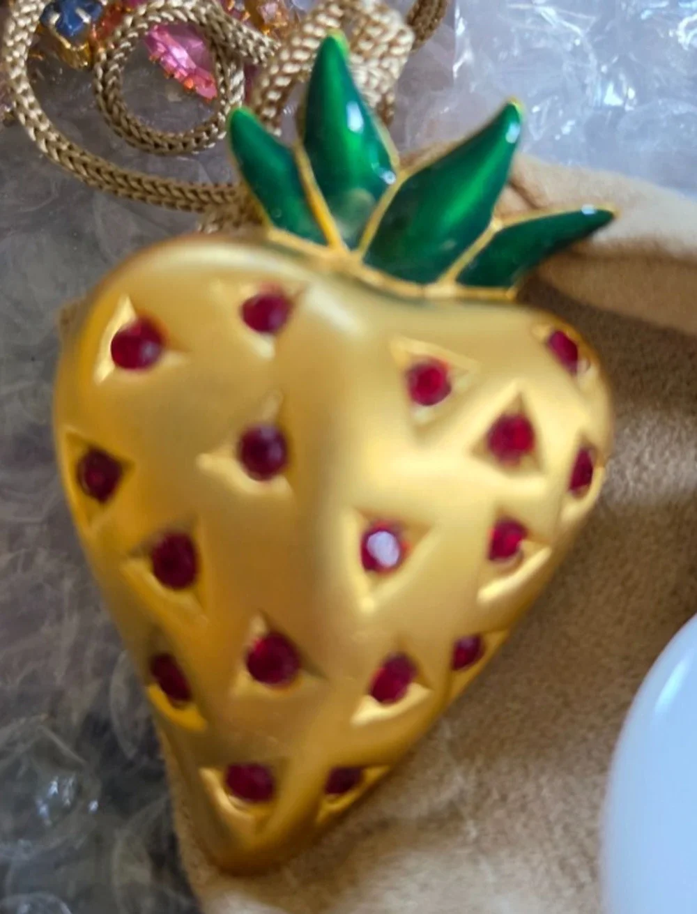 Rare Givenchy Strawberry Brooch Gold-tone Red Rhinestones Signed